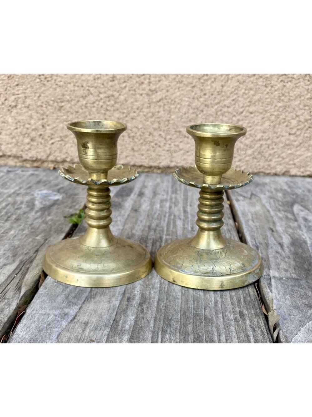Vtg MCM Brass Engraved Floral Candlestick Holders Pair India Bobeche For Drips